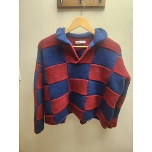 Connor McKnight Checkerboard Knit Wool Polo Sweater Red Blue Size S